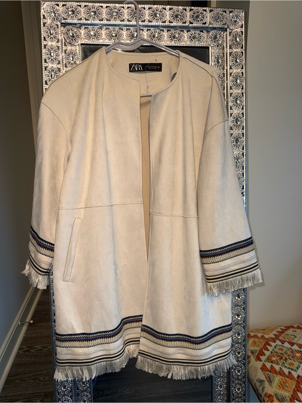 Zara Cream Open-Front Fringe-Trim Coat with Navy Accents